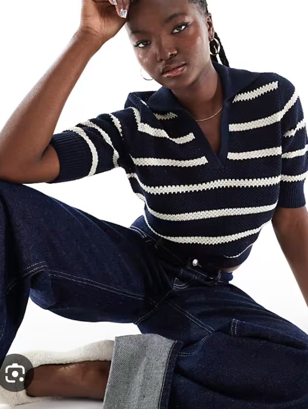 Vero Moda Navy & White Striped Knit Polo with Dark Blue Jeans